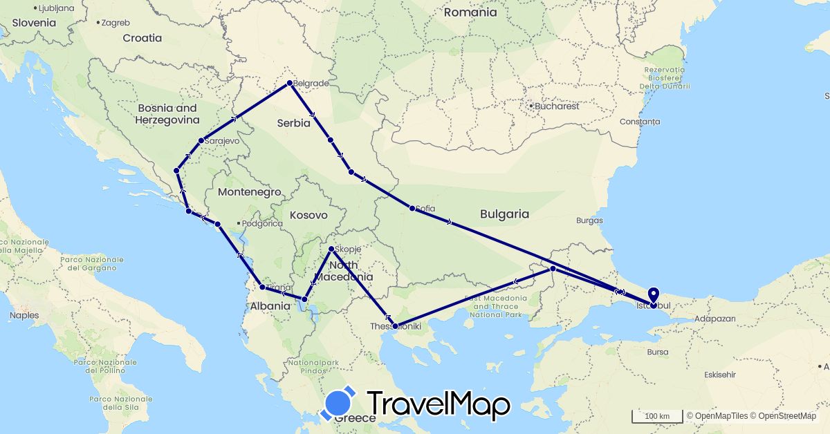 TravelMap itinerary: driving in Albania, Bosnia and Herzegovina, Bulgaria, Greece, Croatia, Montenegro, Macedonia, Serbia, Turkey (Asia, Europe)